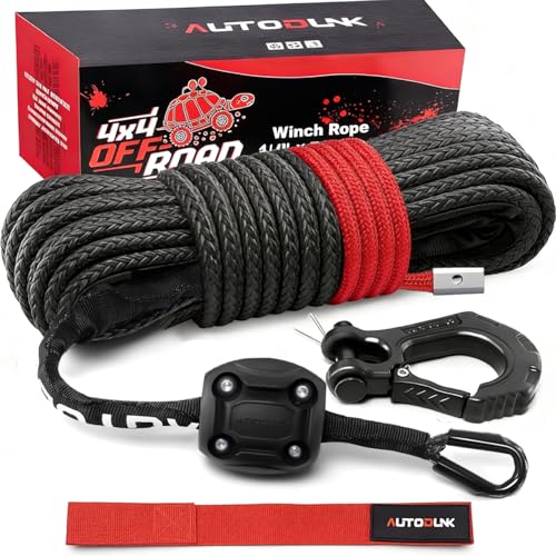 Autodunk Synthetic Winch Rope - 1/4" x 50ft 10,000LBS Winch Line with Protective Sleeve, Forged Winch Hook and Rubber Stopper, Synthetic Winch Cable for 4WD ATV UTV Offroad Vehicles, Black - Image 1