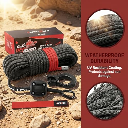 Autodunk Synthetic Winch Rope - 1/4" x 50ft 10,000LBS Winch Line with Protective Sleeve, Forged Winch Hook and Rubber Stopper, Synthetic Winch Cable for 4WD ATV UTV Offroad Vehicles, Black - Image 4