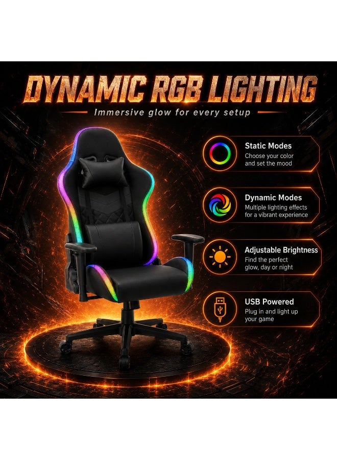 كرسي ألعاب بإضاءة RGB LED وكسوة جلد PU، مساند ذراع قابلة للتعديل، وسادتا رأس وظهر، إمالة حتى 165° ودوران 360° - Image 1