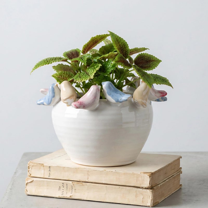 ZSHAWN Stoneware Planter with Colorful Birds on Rim, Reactive Glaze Decorative Flower Pot for Indoor Plants, Vintage Cottagecore Bird Planter, Ceramic Pot for Succulents, Tabletop Home DÃ©cor Accent - Image 1