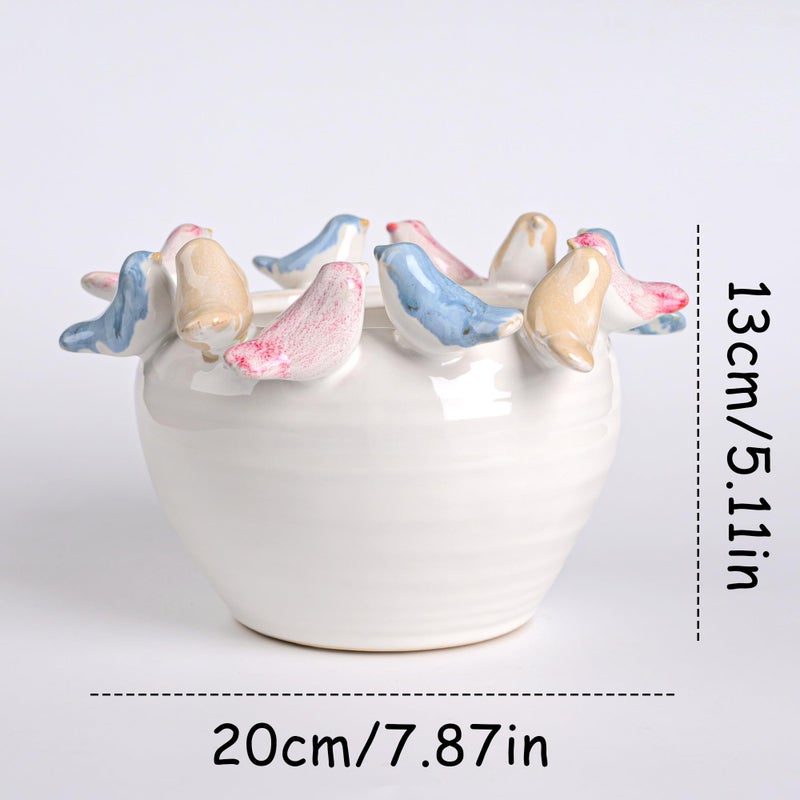 ZSHAWN Stoneware Planter with Colorful Birds on Rim, Reactive Glaze Decorative Flower Pot for Indoor Plants, Vintage Cottagecore Bird Planter, Ceramic Pot for Succulents, Tabletop Home DÃ©cor Accent - Image 2