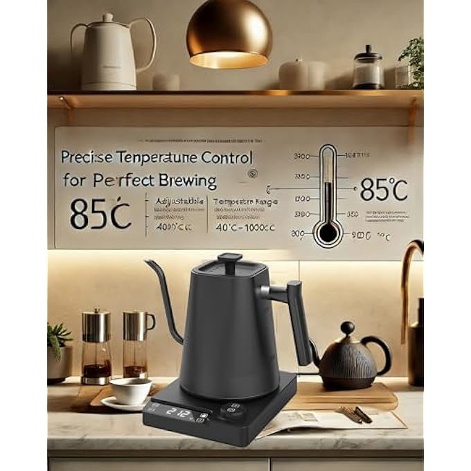 ALLESM 1200W Smart Electric Temperature Control Gooseneck Kettle 1L Electric Kettle Temperature Control Coffee KettleStainless Steel Electric Kettle With InsulationPour Over Teapot For Coffee And TeaBlack - Image 3