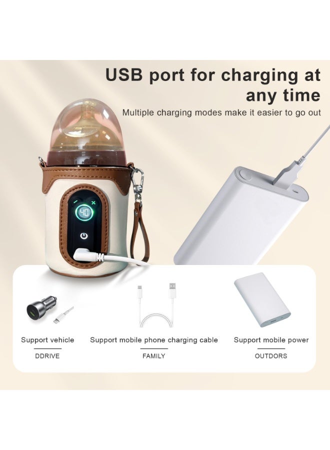 مدفأة زجاجات كهربائية بمنفذ USB-C: تتميز بـ 26 إعدادًا لدرجة الحرارة قابلة للتعديل، مصنوعة من الجلد المقاوم للماء والصديق للبيئة، مع شاشة LED ومصدر طاقة تيار مستمر. مناسبة للأطفال حديثي الولادة، والأمهات العاملات، والسفر، والنزهات (حزام كتف + مقبض). - Image 5