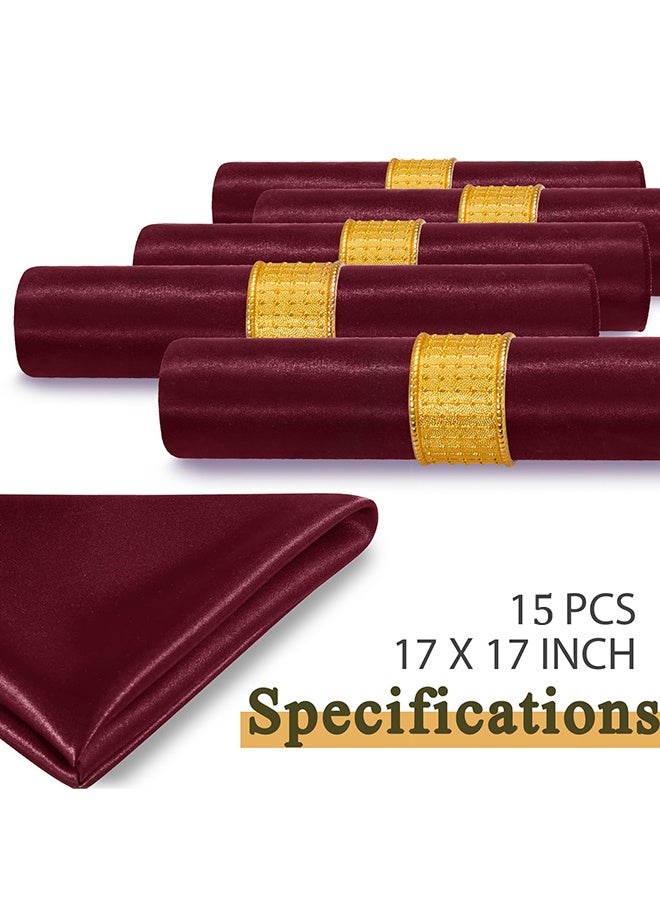 15 قطعة مناديل ساتان حمراء نبيذية 17 × 17 بوصة ناعمة وسلسة وقابلة للغسل مناديل عشاء مربعة أنيقة تشبه الحرير لمناسبات الزفاف وحفلات العشاء والمآدب وحفلات تقديم الطعام والطعام المنزلي - Image 5