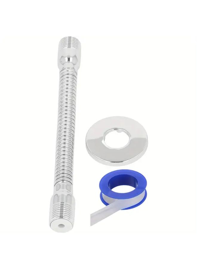 ذراع تمديد رأس الدش القابل للتعديل من الفولاذ المقاوم للصدأ الفضي مع شفة دوارة وشريط PTFE - Image 1