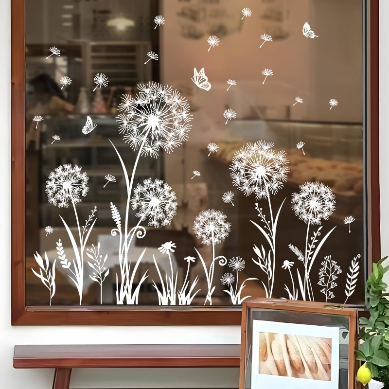 Supzone White Dandelion Flowes Window Clings Spring Summer Wildflower Grass Butterflies Window Decals Double-Sided Anti-Collision Static Stickers for Home Glass Door Decoration - Image 1