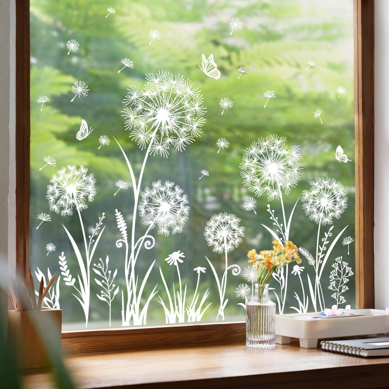 Supzone White Dandelion Flowes Window Clings Spring Summer Wildflower Grass Butterflies Window Decals Double-Sided Anti-Collision Static Stickers for Home Glass Door Decoration - Image 4