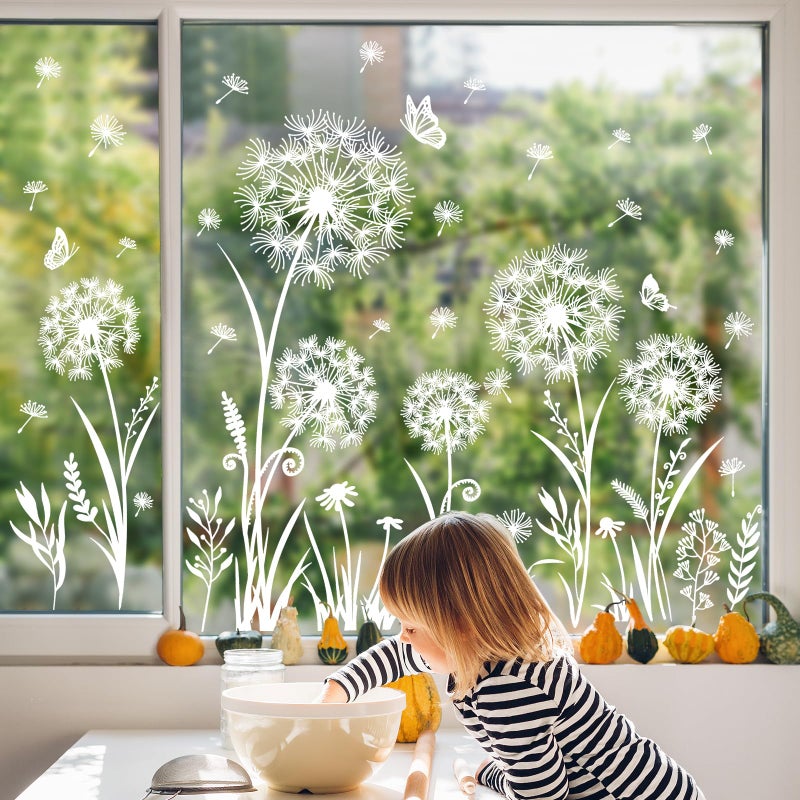 Supzone White Dandelion Flowes Window Clings Spring Summer Wildflower Grass Butterflies Window Decals Double-Sided Anti-Collision Static Stickers for Home Glass Door Decoration - Image 5