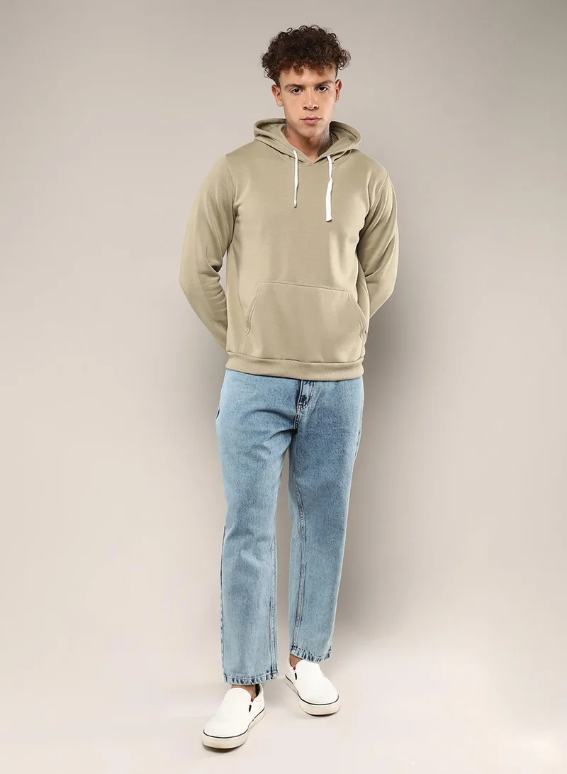 Campus Sutra Men's Olive Green Pullover Hoodie With Contrast Drawstring