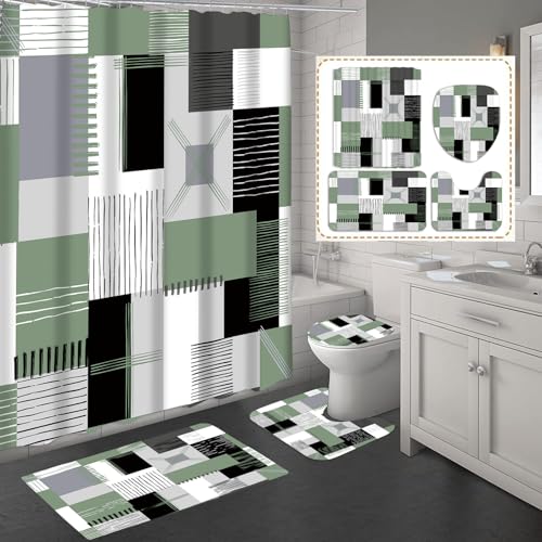 All Smiles Sage Green Shower Curtain Sets with NonSlip RugsToilet Lid Cover and Bath Mat Black and Green Bathroom Decor Set Accessories Waterproof Shower Curtains - Image 3