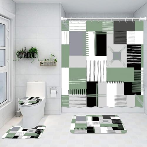 All Smiles Sage Green Shower Curtain Sets with NonSlip RugsToilet Lid Cover and Bath Mat Black and Green Bathroom Decor Set Accessories Waterproof Shower Curtains - Image 1