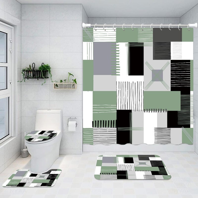 All Smiles Sage Green Shower Curtain Sets with NonSlip RugsToilet Lid Cover and Bath Mat Black and Green Bathroom Decor Set Accessories Waterproof Shower Curtains - Image 2