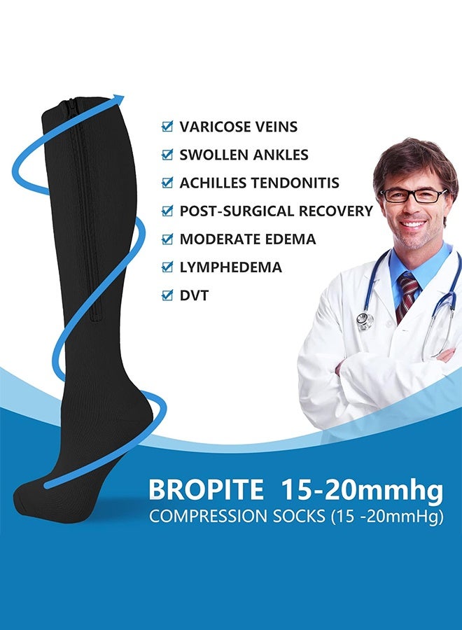 Polish'D Zipper Compression Socks Women & Men - 2Pairs Calf Knee High 15-20mmHg Closed Toe Compression Stocking - Image 3