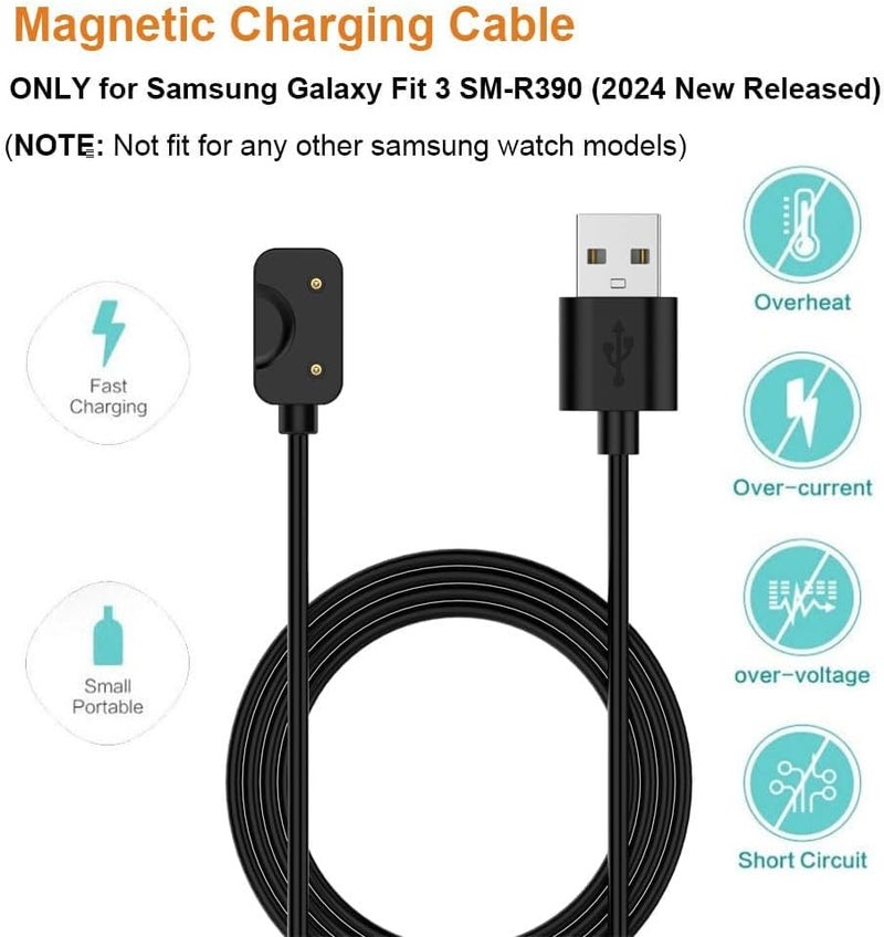 كابل شحن متوافق مع سامسونج جالاكسي فيت 3، عدد 2 قطعة، كابل شحن بديل من نوع USB A مغناطيسي لساعة جالاكسي فيت 3 SM-R390 الذكية، طول الكابل 3.3 قدم/100 سم (أسود) - Image 2