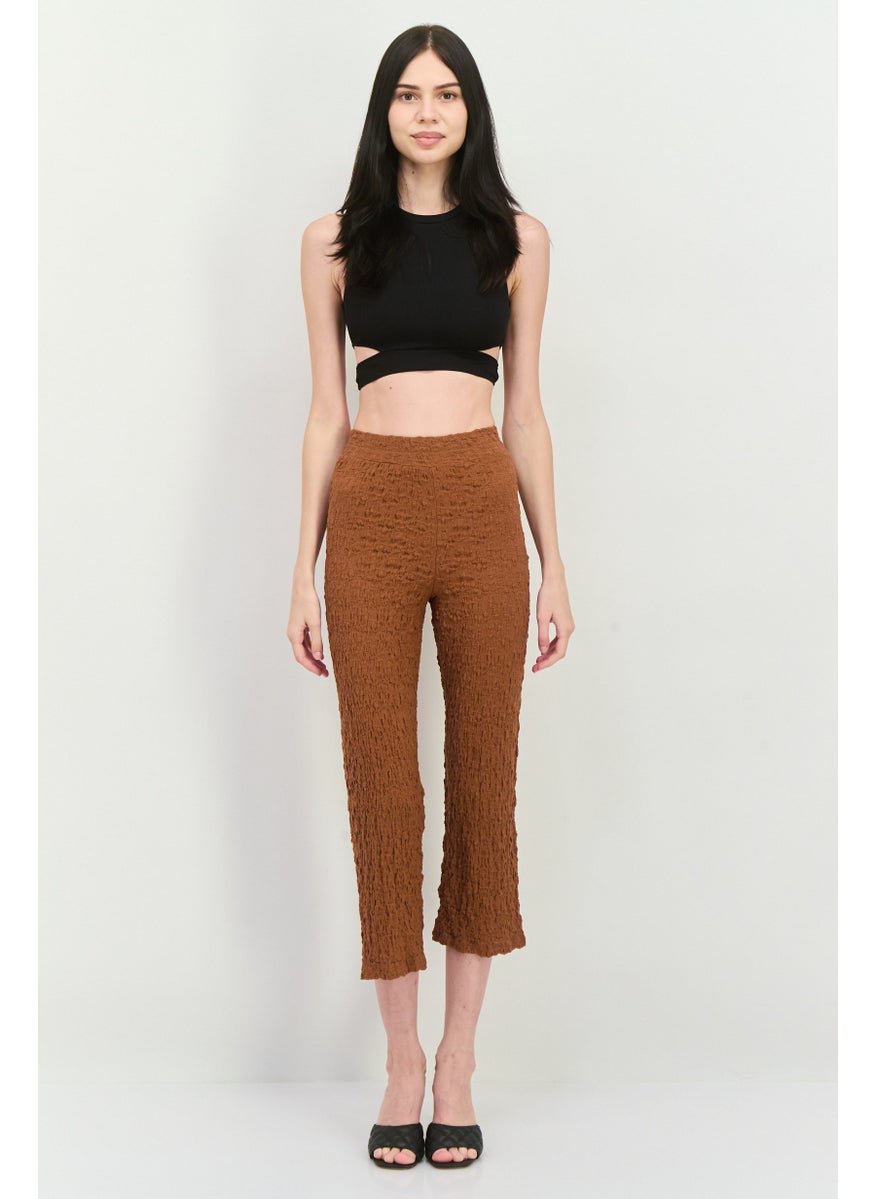 MANGO Women Regular Fit Textured Cropped Pants, Brown  - Image 4