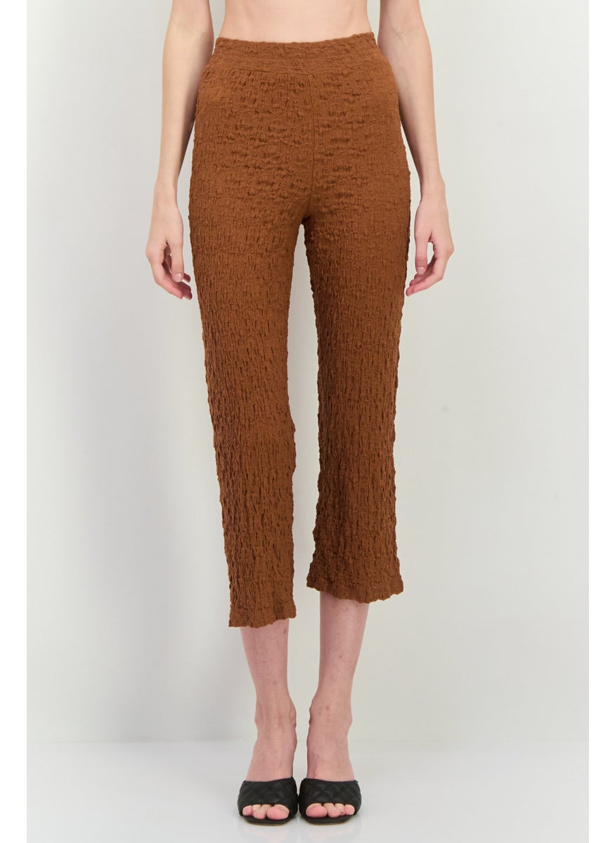 MANGO Women Regular Fit Textured Cropped Pants, Brown  - Image 1