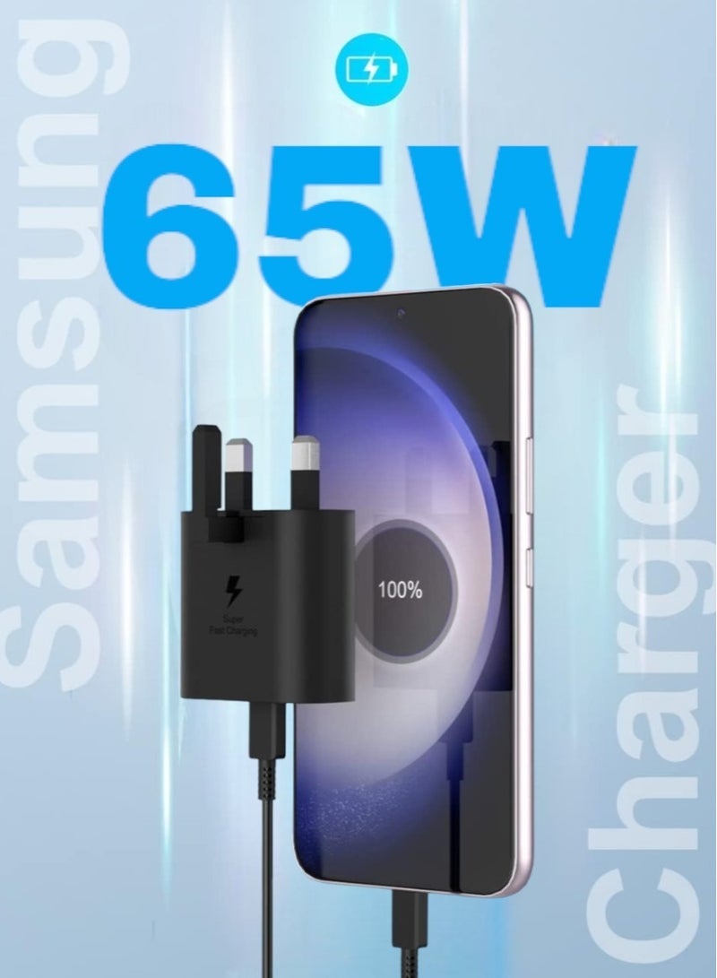 Fast Charger for Samsung Galaxy Max 65W Three-Port Charger Head with USB Type-C Charging Cable, S23 Ultra S23 Plus S23 S23 S22 Ultra S22 S21 Ultra S21 S21 A54 A53 A52A