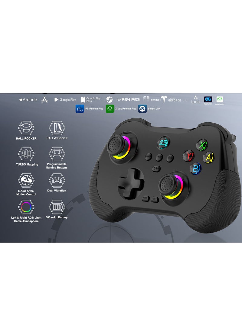 Mobile Gaming Controller for iPad/iPhone/Tablet, Cloud Controller Remote Joystick for iOS/Android, Wireless Switch Controller with Macro ons/Hall-Rocker/Hall-Trigger/Dual Vibration (Black)