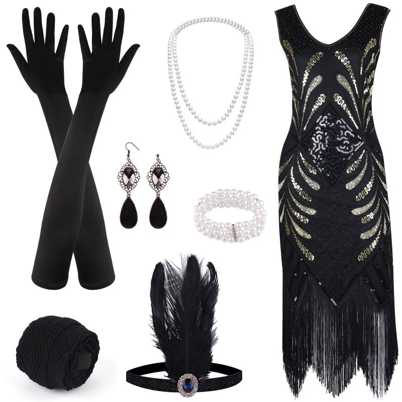 ELECLAND 1920s V Neck Sequin Beaded Fringed Dress with 20s Accessories Set (Black, Medium) - Image 1