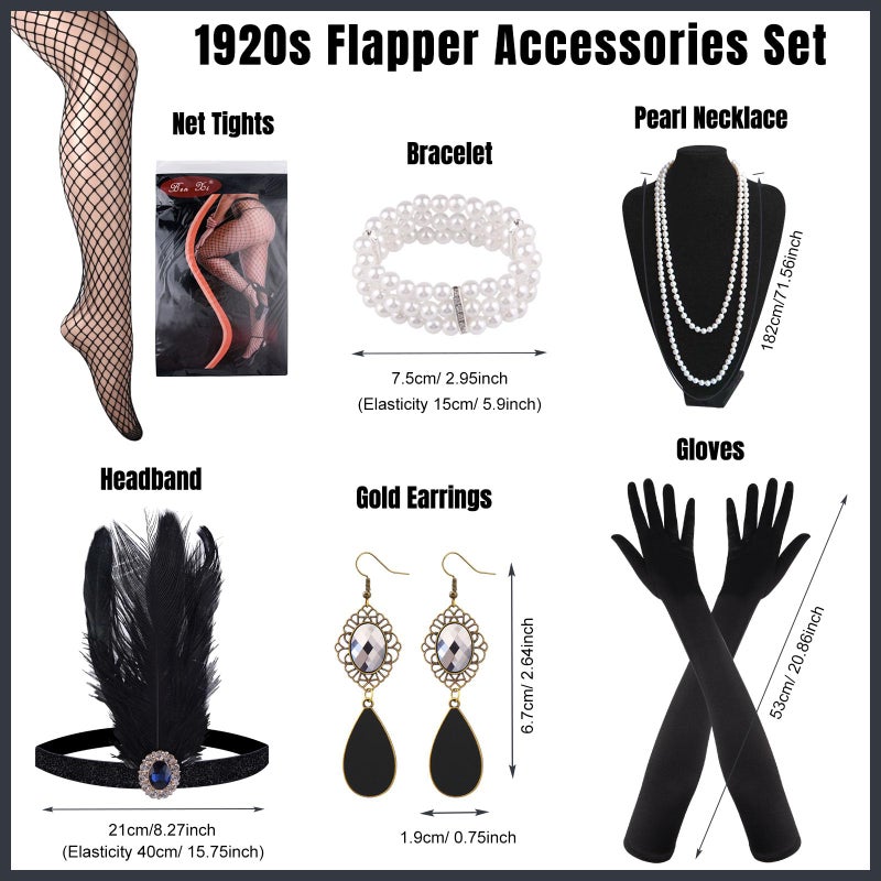 ELECLAND 1920s V Neck Sequin Beaded Fringed Dress with 20s Accessories Set (Black, Medium) - Image 5