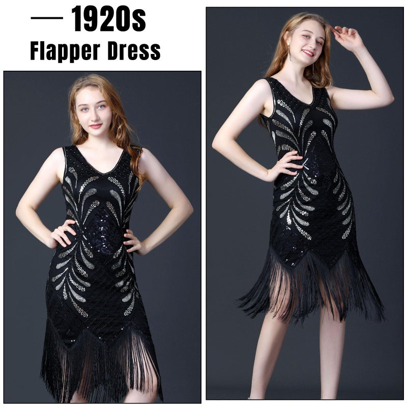 ELECLAND 1920s V Neck Sequin Beaded Fringed Dress with 20s Accessories Set (Black, Medium) - Image 2