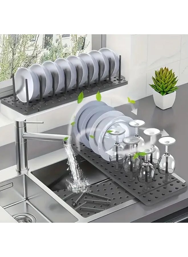 Black 2pcs Multi Functional Kitchen Countertop Organizer With Adjustable Pillars Dish Drainer Cookware Holder - Image 4