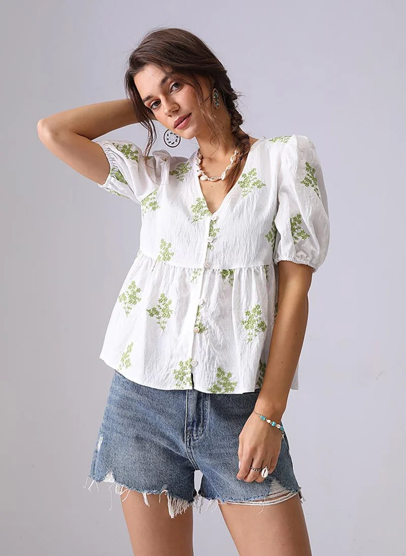 يونيكي White & Green V-Neck Short Sleeves A-Line Top