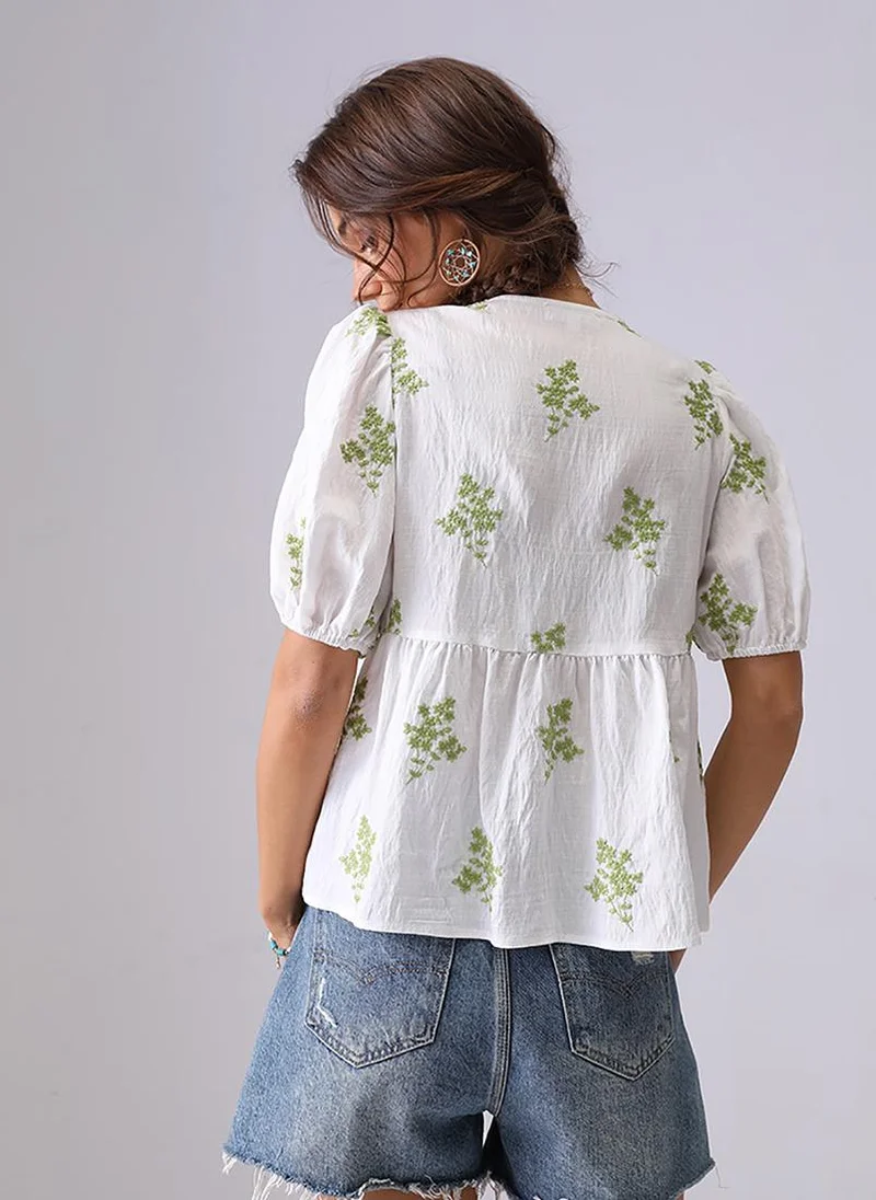 يونيكي White & Green V-Neck Short Sleeves A-Line Top