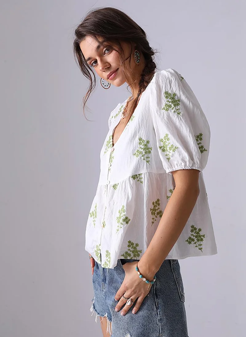 يونيكي White & Green V-Neck Short Sleeves A-Line Top