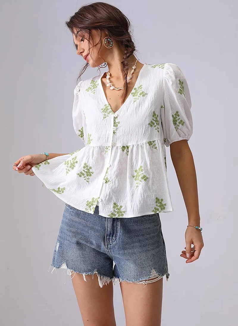 يونيكي White & Green V-Neck Short Sleeves A-Line Top