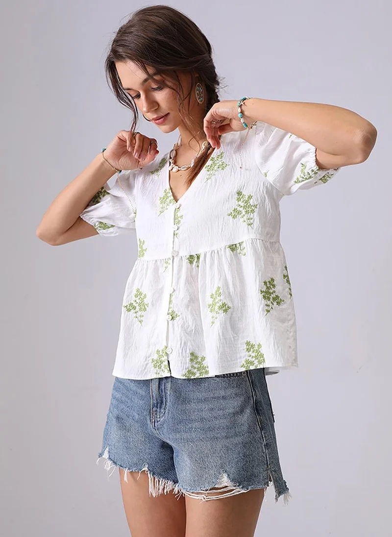 يونيكي White & Green V-Neck Short Sleeves A-Line Top