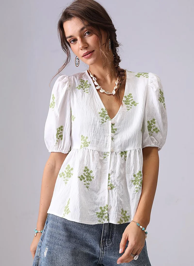 يونيكي White & Green V-Neck Short Sleeves A-Line Top