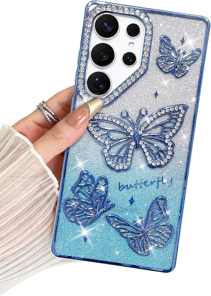 Elzzi Electroplated Butterfly Phone Cover for Samsung S25 Ultra Case, Showcasing Pearlescent Diamond Soft TPU, Camera Protection, Shockproof, Dropresistant Stylish for Girls & Women (Blue) - Image 1