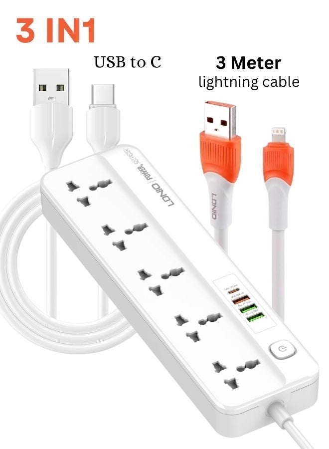5 Universal Power Extension Cord with Multi Sockets Outlets Compatible With UK/UAE Plug, 3 Auto ID USB PD Ports For Mobile Charging, And 2m Extension Cord for Home, Office, Dorm Essentials & iPhone Charger Cable 3M USB-A to Lightning Cable Fast Charging Power Delivery 30W iPhone Charging Cable for iPhone 14/14 Pro/14 Plus/14 Pro Max, iPad Pro, iPhone 8-13 All Series & USB C Cable A to Type Data Cord Premium Compatible For Samsung Galaxy, MacBook Pro, Nintendo Switch, Huawei MateBook X Pro iPad Mini 6 2M White Bundle