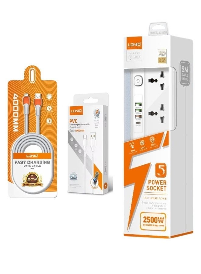 LDNIO 5 Universal Power Extension Cord with Multi Sockets Outlets Compatible With UK/UAE Plug, 3 Auto ID USB PD Ports For Mobile Charging, And 2m Extension Cord for Home, Office, Dorm Essentials & iPhone Charger Cable 3M USB-A to Lightning Cable Fast Charging Power Delivery 30W iPhone Charging Cable for iPhone 14/14 Pro/14 Plus/14 Pro Max, iPad Pro, iPhone 8-13 All Series & USB C Cable A to Type Data Cord Premium Compatible For Samsung Galaxy, MacBook Pro, Nintendo Switch, Huawei MateBook X Pro iPad Mini 6 2M White Bundle - Image 4