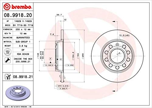 Brembo 08.9918.21 UV Coated solid Rear Brake Rotor AUDI/AUDI (FAW)/SEAT/VW OE# 8E0615601Q - Image 3