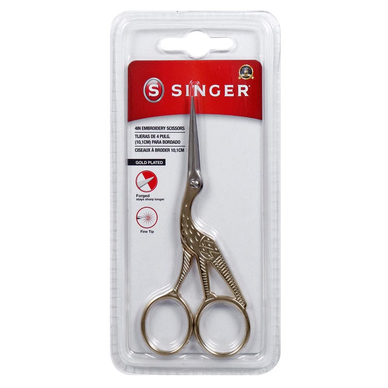 SINGER 4 Inch Forged Embroidery Scissors with Curved Tip for Sewing CrossStiching Crafts  More Gold Stork Design 1Pack