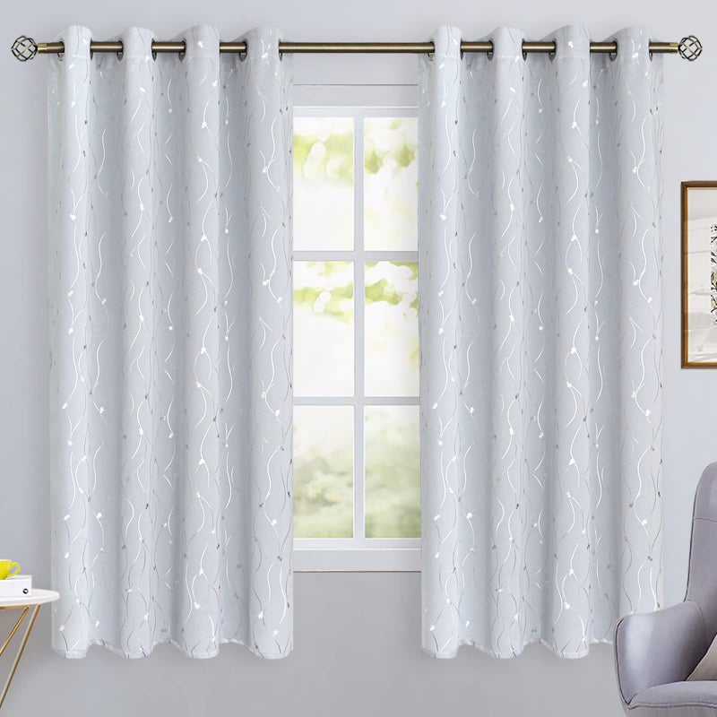BGment الستائر البيضاء البيضاء 63 بوصة طول 2 لوحات جروم غرفة معزولة حرارية معزولة الستائر نافذة النافذة مع خط الموجة ونقاط مطبوعة لغرفة النوم 52 × 63 بوصة رمادية بيضاء - Image 2