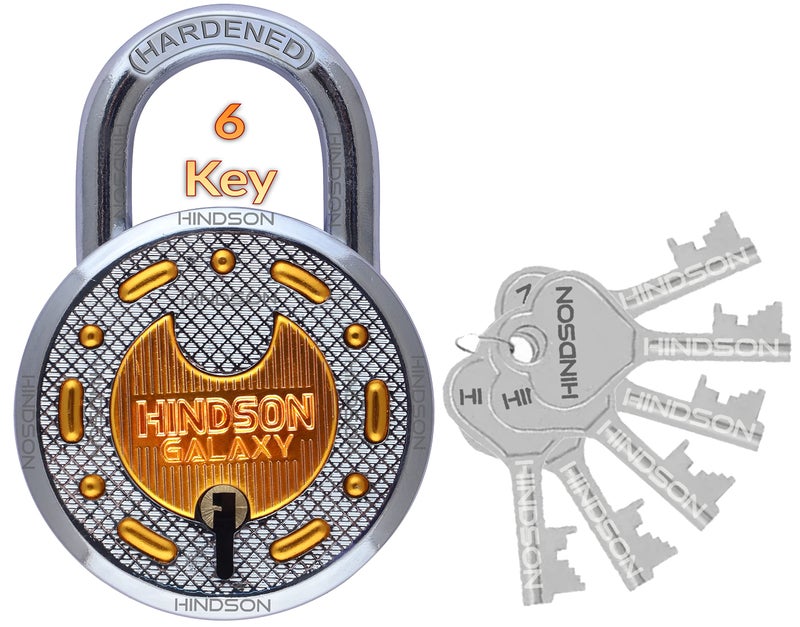 HINDSON Galaxy Brass Lock and Key Round 65mm with 6 Key, Steel Double Locking, 8 Lever Padlock for Door, Gate, Shutter (Finish Gold) - Image 1