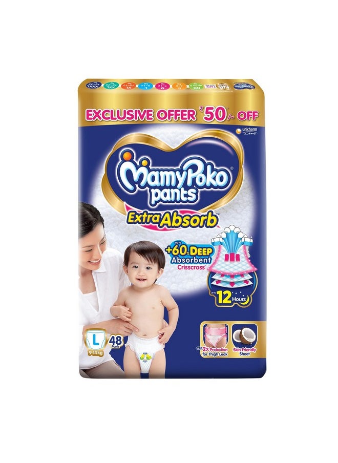 MamyPoko Pants Extra Absorb Baby Diapers, Large (L), 48 Count, 9-14 Kg 