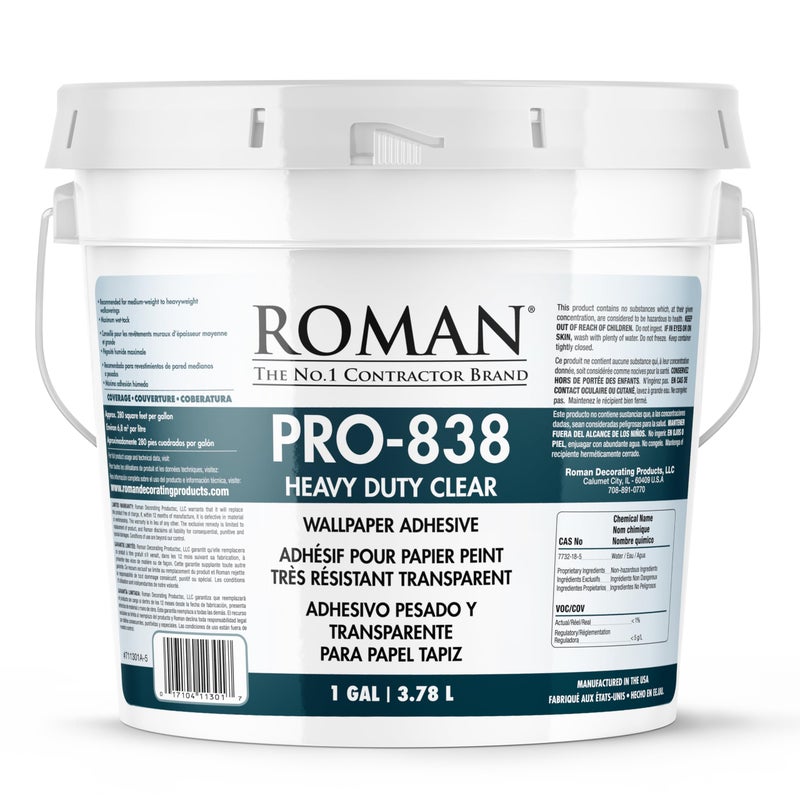 ROMAN Heavy Duty Clear Wallpaper Adhesive, Non-staining, Clear, PRO-838, (1 Gallon - 280 sq. ft.) - Image 1