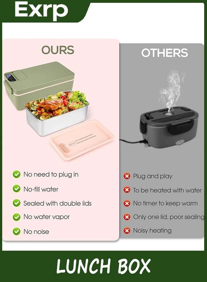 Exrp Cordless Electric Lunch Box, Cordless Food Warmer, Battery Powered Heated Lunch Box, USB Electric Lunch Box for Adults 1L 304 Stainless Steel Container, Warming Time Selectable, HD Display (Green) - Image 2