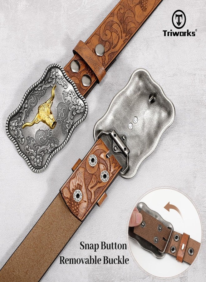 TRIWORKS Men's Western leather belt Cowboy Cowgirl Belt with Printed Engraved Buckle - Image 4