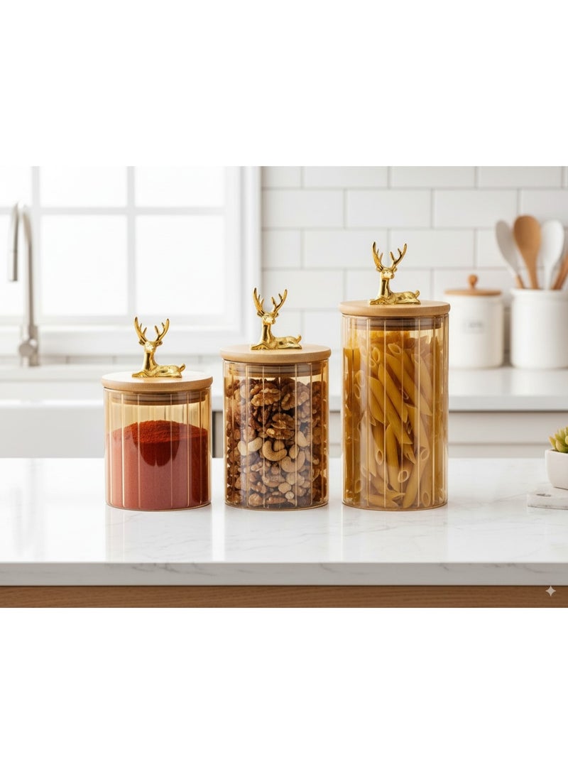 Gazelle Spice Set 3 Pieces (540, 840, 1080)ml, Clear Glass Jars Decorated with Gold Gazelle Lid in Modern Design, Amber Kitchen Storage Canisters with Airtight Bamboo Lids, Perfect for Storing Spices, Coffee, Tea, Grains, Nuts, Pasta, Cookies - Image 4