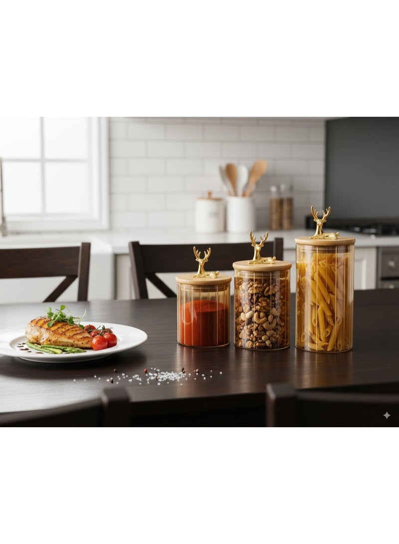 Gazelle Spice Set 3 Pieces (540, 840, 1080)ml, Clear Glass Jars Decorated with Gold Gazelle Lid in Modern Design, Amber Kitchen Storage Canisters with Airtight Bamboo Lids, Perfect for Storing Spices, Coffee, Tea, Grains, Nuts, Pasta, Cookies - Image 5