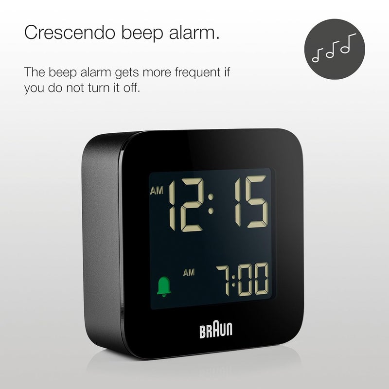 Braun Digital Travel Alarm Clock with Snooze Compact Size Negative LCD Display Quick Set Crescendo Beep Alarm in Black Model BC08B 1Pack - Image 2