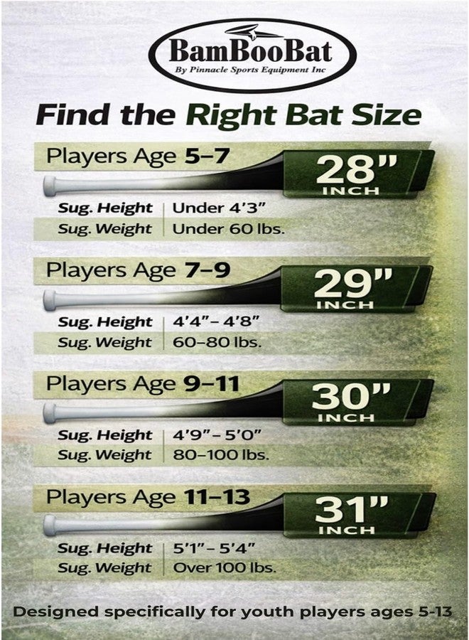 BamBooBat by Pinnacle Sports Equipment INC. Youth Durable Bamboo Baseball Bat for Players Aging 5-13 Years Old, White Handle/Black Barrel, 29 Inch (YHWBB29) - Image 3