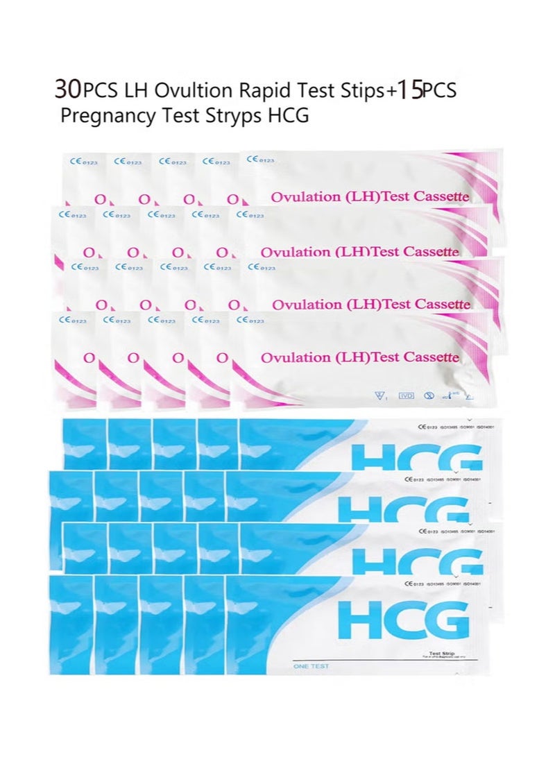 HCG مجموعة من 45 شرائط اختبار الحمل، شرائط اختبار الإباضة السريعة لـ HCG وLH، واختبار منزلي تشخيصي للخصوبة في منتصف الطريق، واختبارات الكشف المبكر السريع عن الحمل. - Image 1