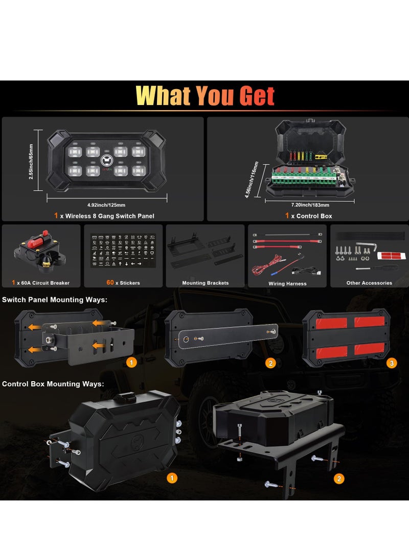 SOLARAE Wireless 8 Gang Switch Panel, Remote Control Switch Pod with Toggle Momentary Pulsed Waterproof Universal Circuit Control Relay System Box for Off Road Truck Jeep Boat SUV UTV ATV Camper - Image 5