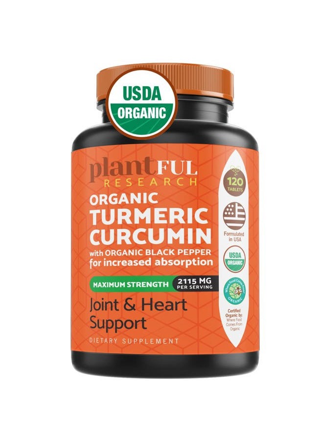 PLANTFUL RESEARCH - Organic Turmeric Supplement with Black Pepper Highest Potency USDA Certified [Non-GMO Organic Curcumin 2115mg] Antioxidant Joint & Immune Support 120 Tablets - Image 1